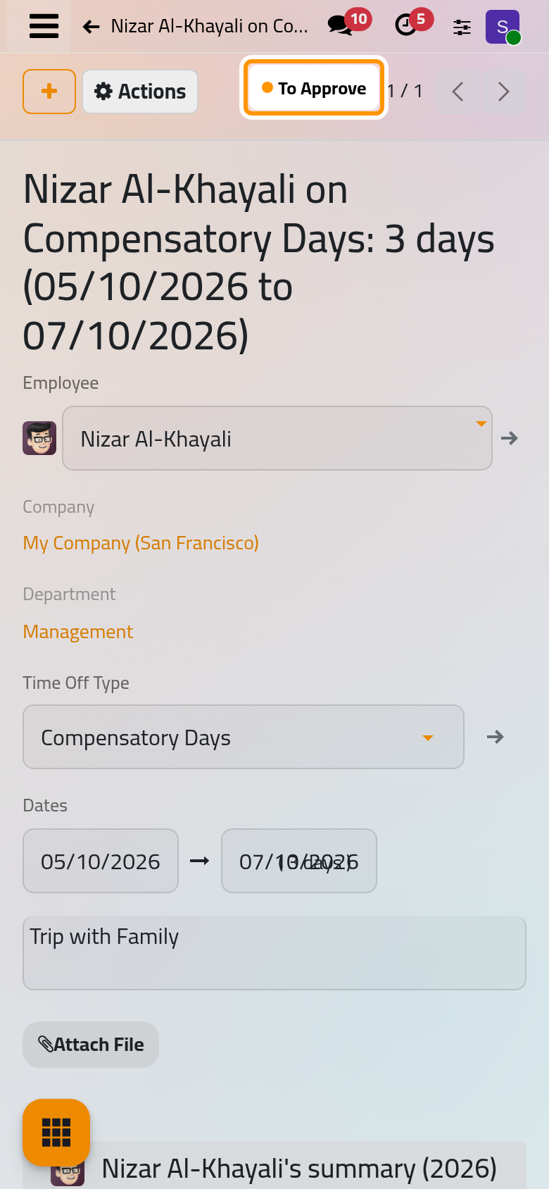 The request with its status, the employee's time off of the year on the right and the approval activity in the chatter.