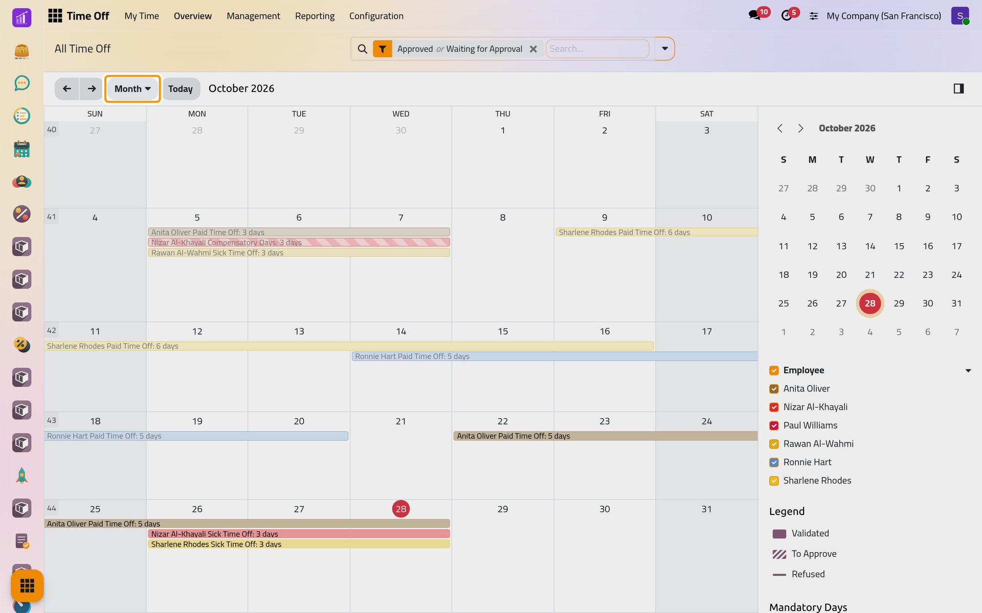 Overview shows who is off on each day of the month, for the whole company once My Team is removed.