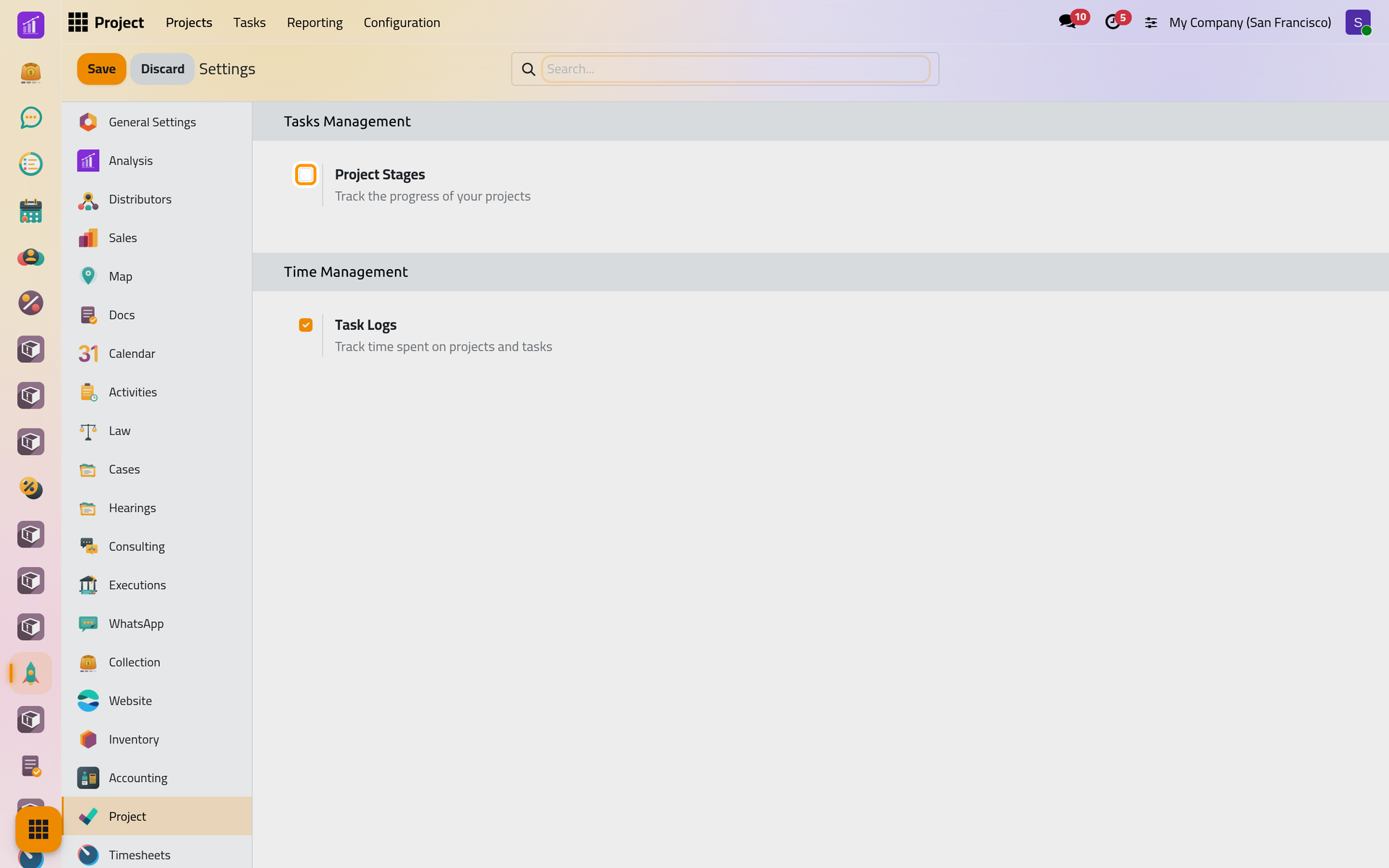 The Project section of the settings, with Project Stages and Task Logs.