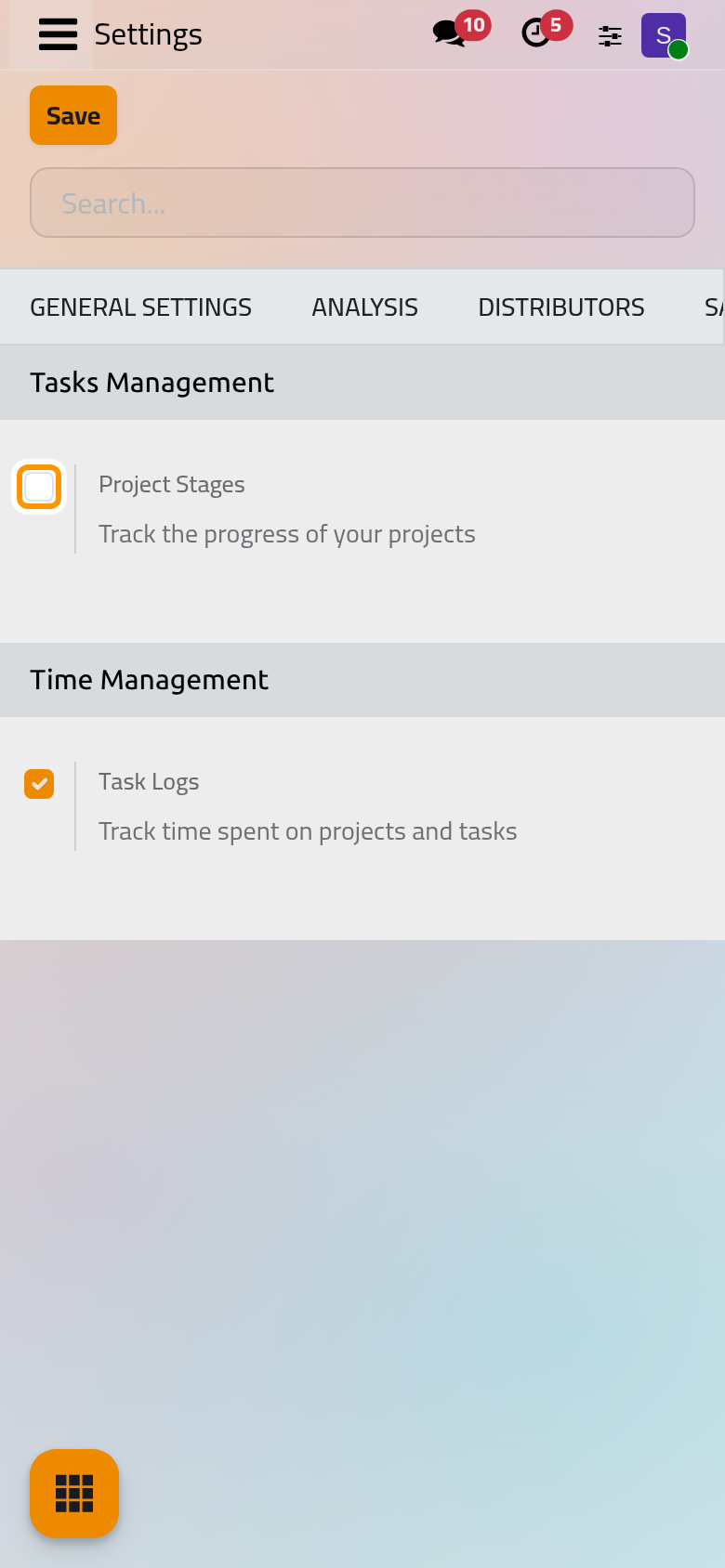 The Project section of the settings, with Project Stages and Task Logs.