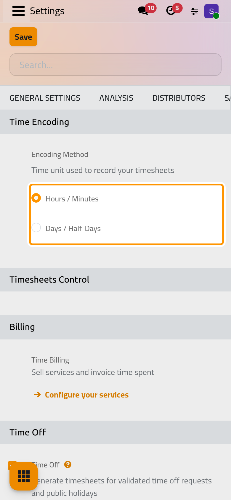 The Timesheets section, where the unit used to record time is chosen.