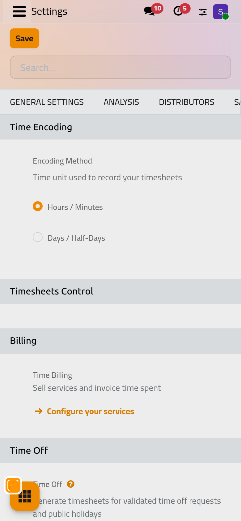 Time Off writes a timesheet line for each validated time off and public holiday, on the project and task shown below it.