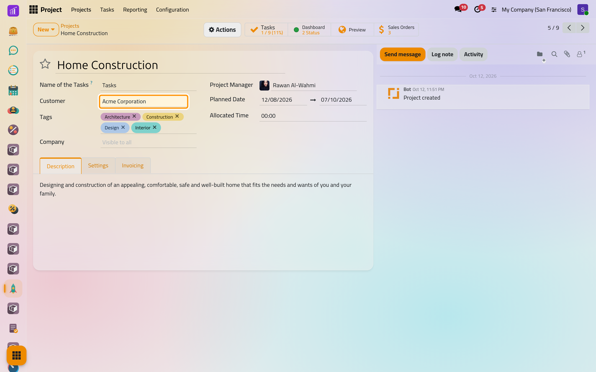 A billable project names its customer on the main tab.