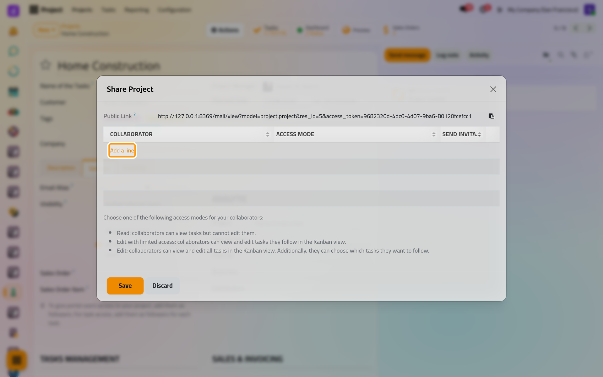 The public link of the project, and the list of collaborators with their access mode.
