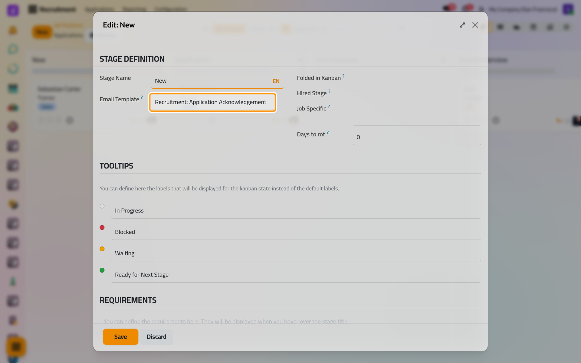 The stage form with its e-mail template, the folded and hired switches, the jobs it is limited to and its labels.
