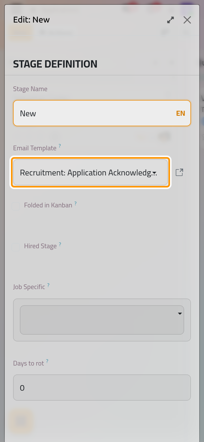 The stage form with its e-mail template, the folded and hired switches, the jobs it is limited to and its labels.