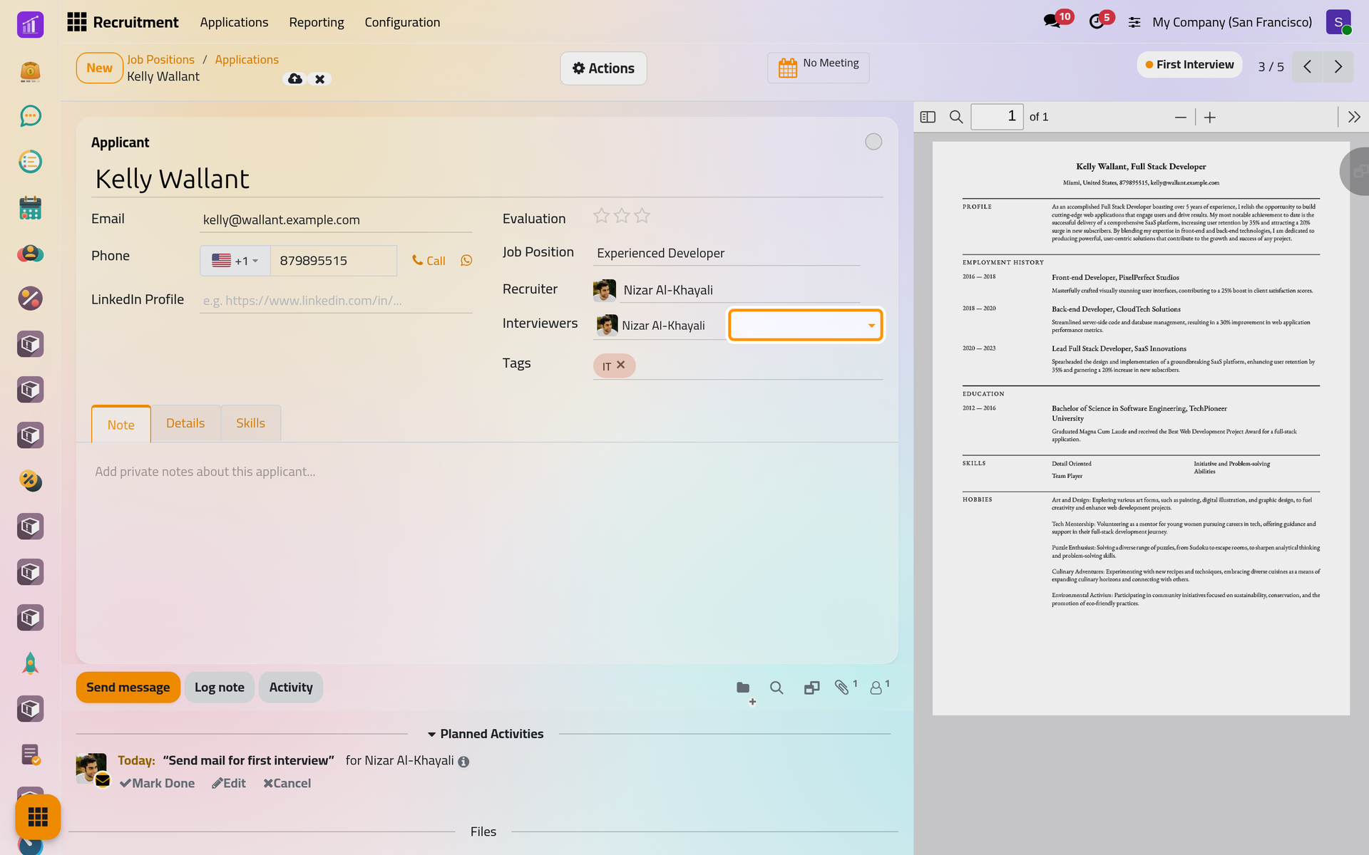 An interviewer added to the applicant; the Meeting button sits above the form.