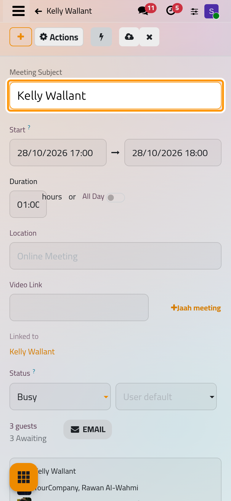 The new meeting comes filled from the applicant, with the people invited and the link back to the application.