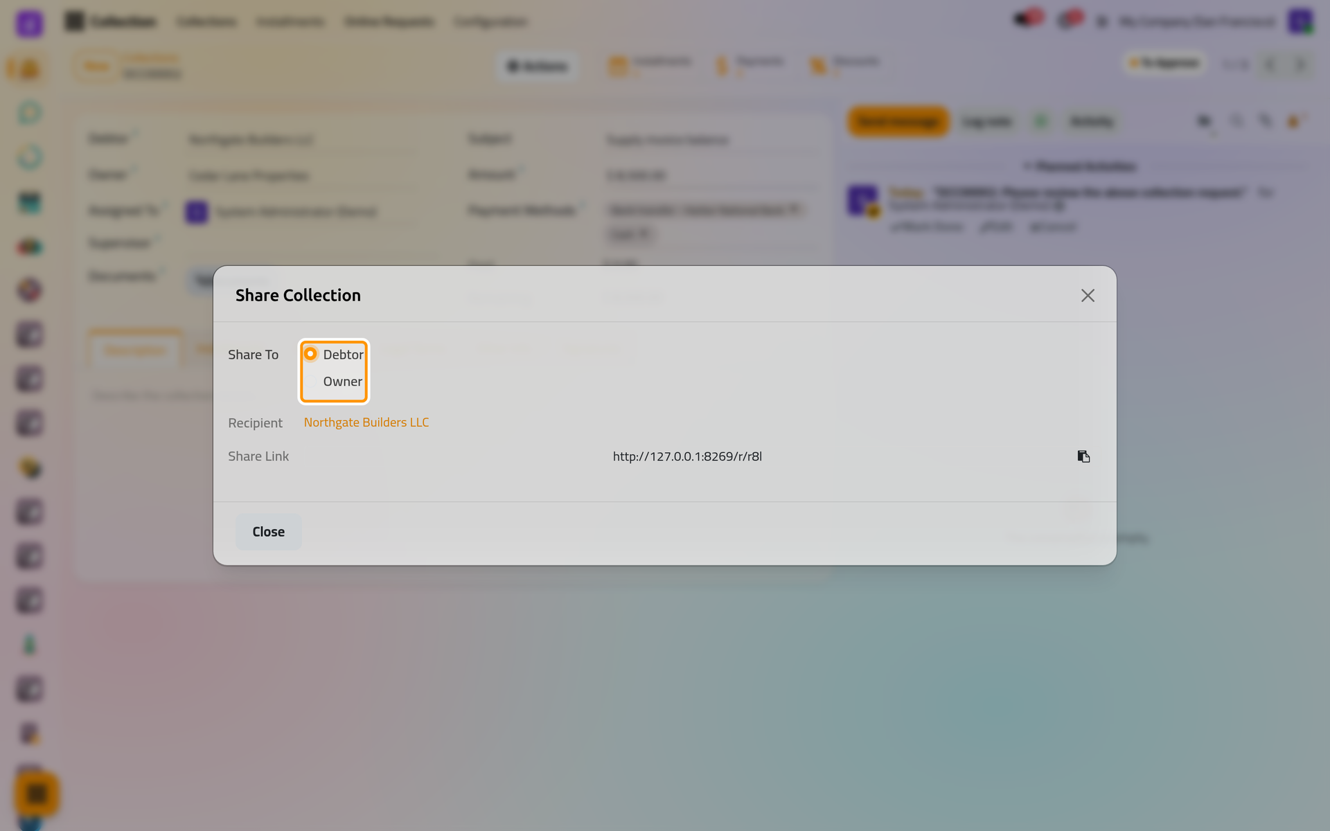 The Share dialog shows the signing link of the chosen party, with a button that copies it.