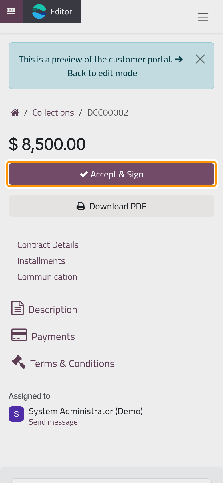 The debtor's signing page, with the contract's details and its installments.