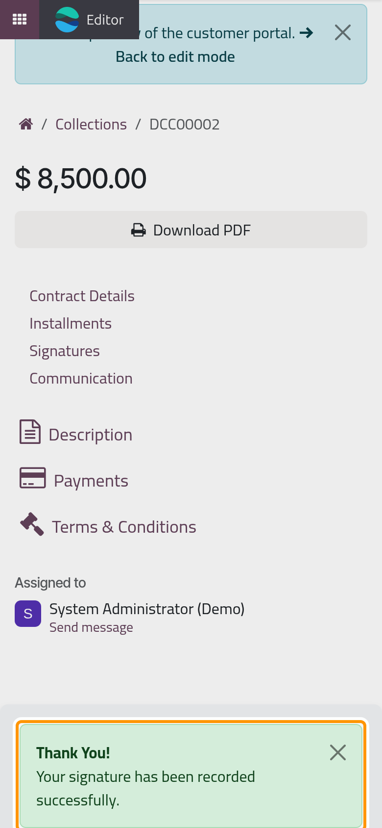 The debtor has signed; the contract waits for the owner's signature.