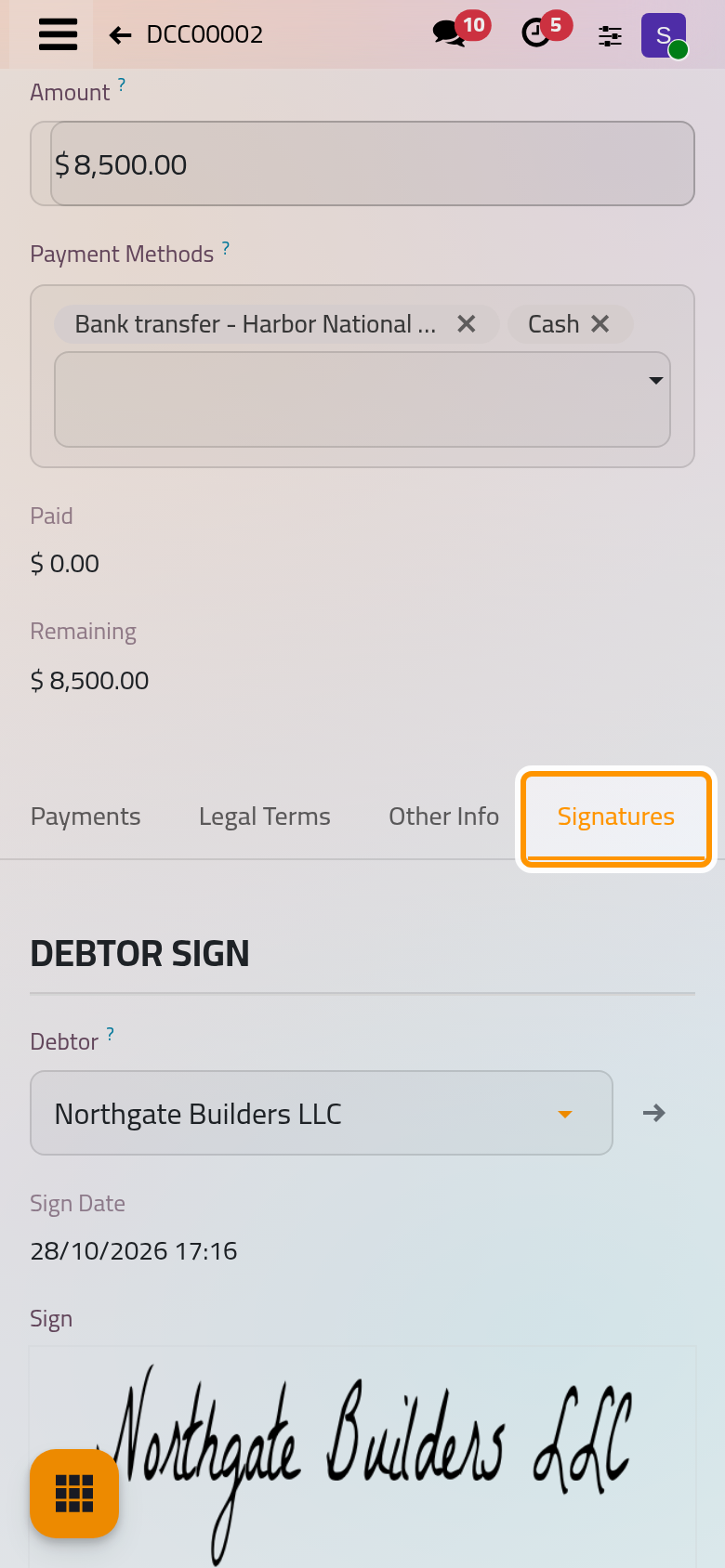 Back in the contract, both signatures and their dates, and the Under Collection status.