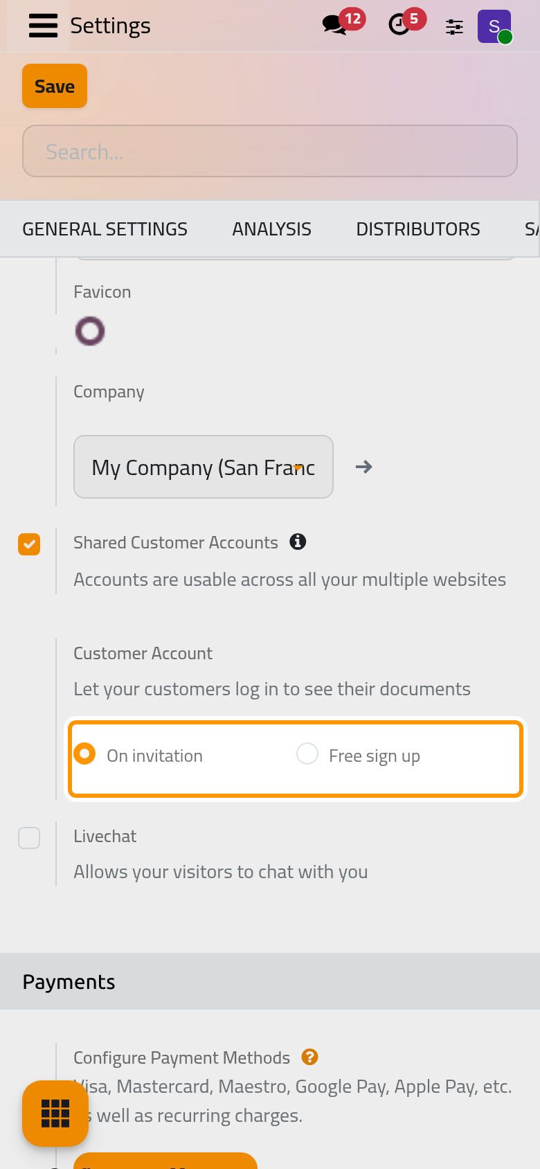 Customer Account, which decides whether visitors may open their own portal account.