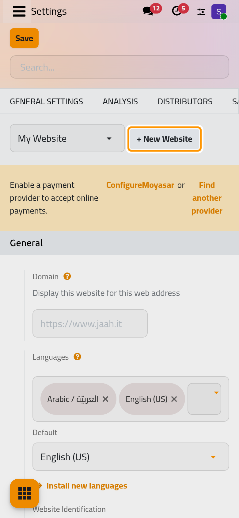 The top of the Website settings, with the website the page applies to and the button that adds another.