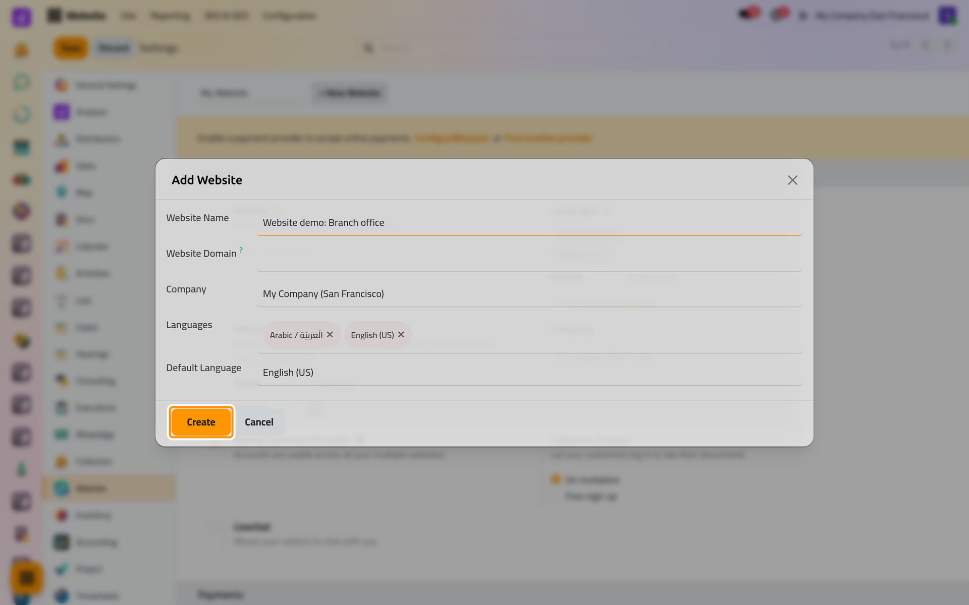 The Add Website window with its name filled; Create makes the website and opens the setup wizard.