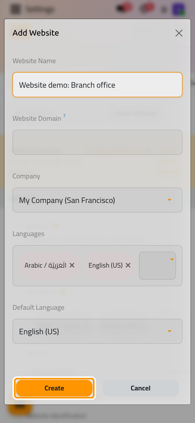 The Add Website window with its name filled; Create makes the website and opens the setup wizard.