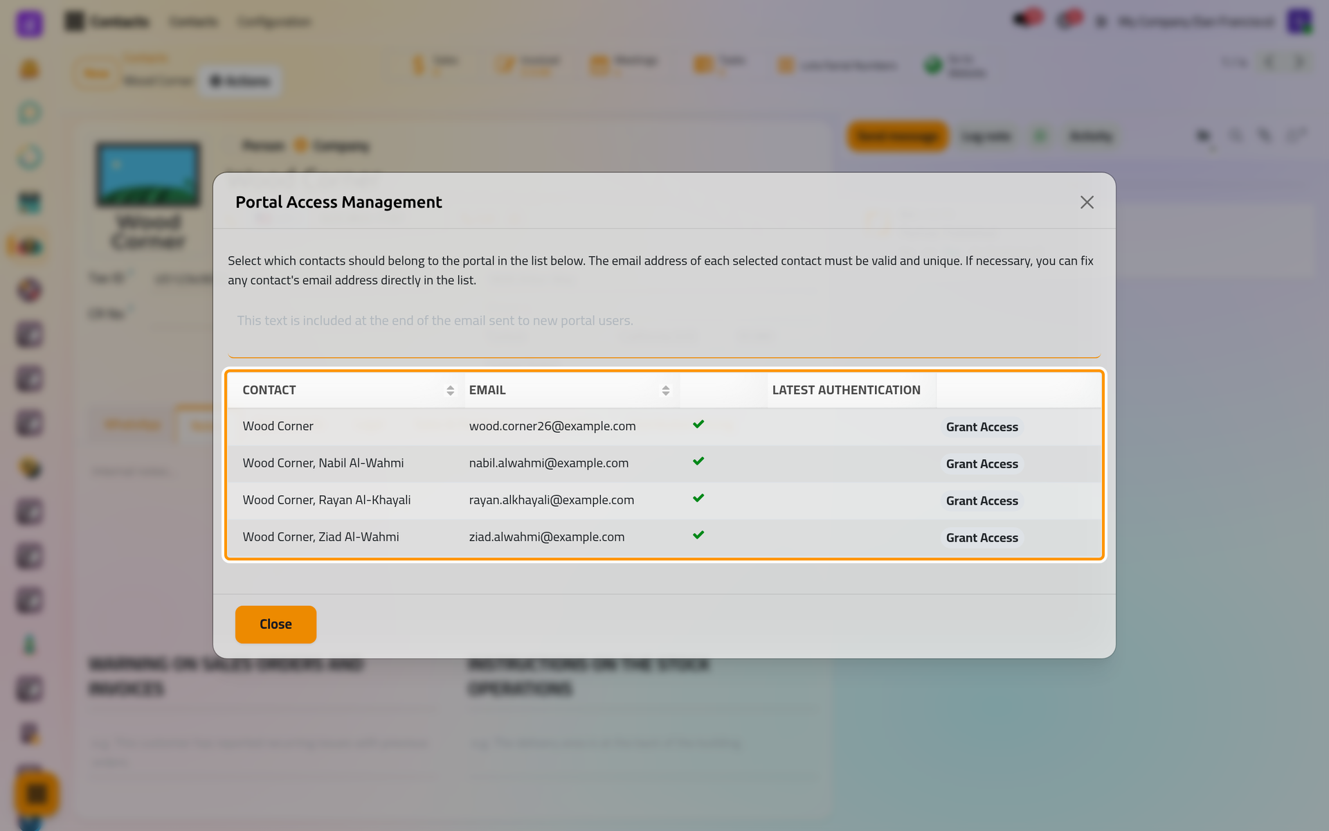 A company and its three people, each on its own row with its own Grant Access button.