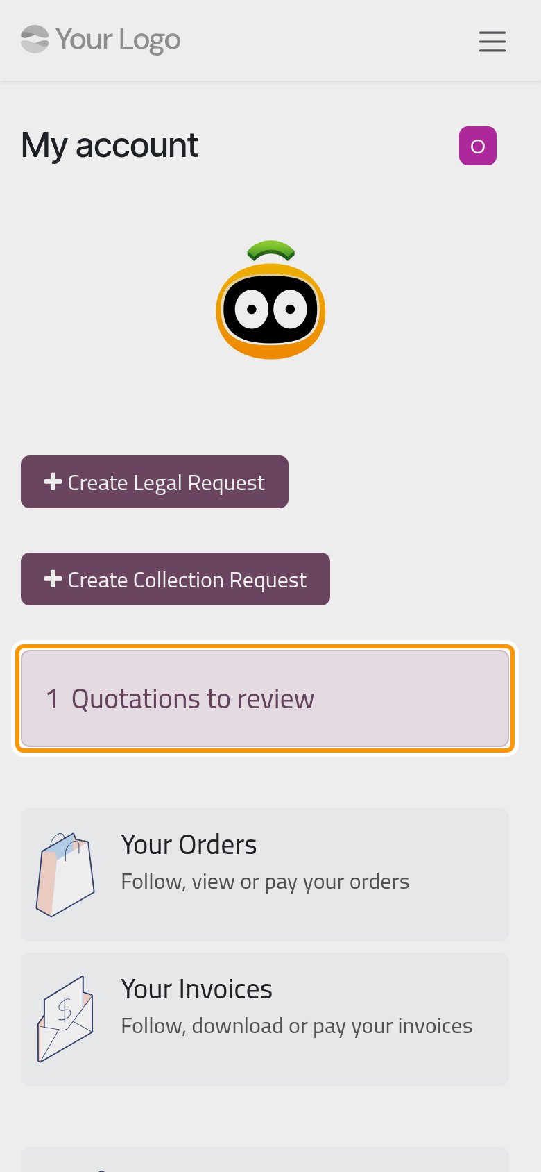 The client's home page; what waits for him sits on top, here a quotation to review.