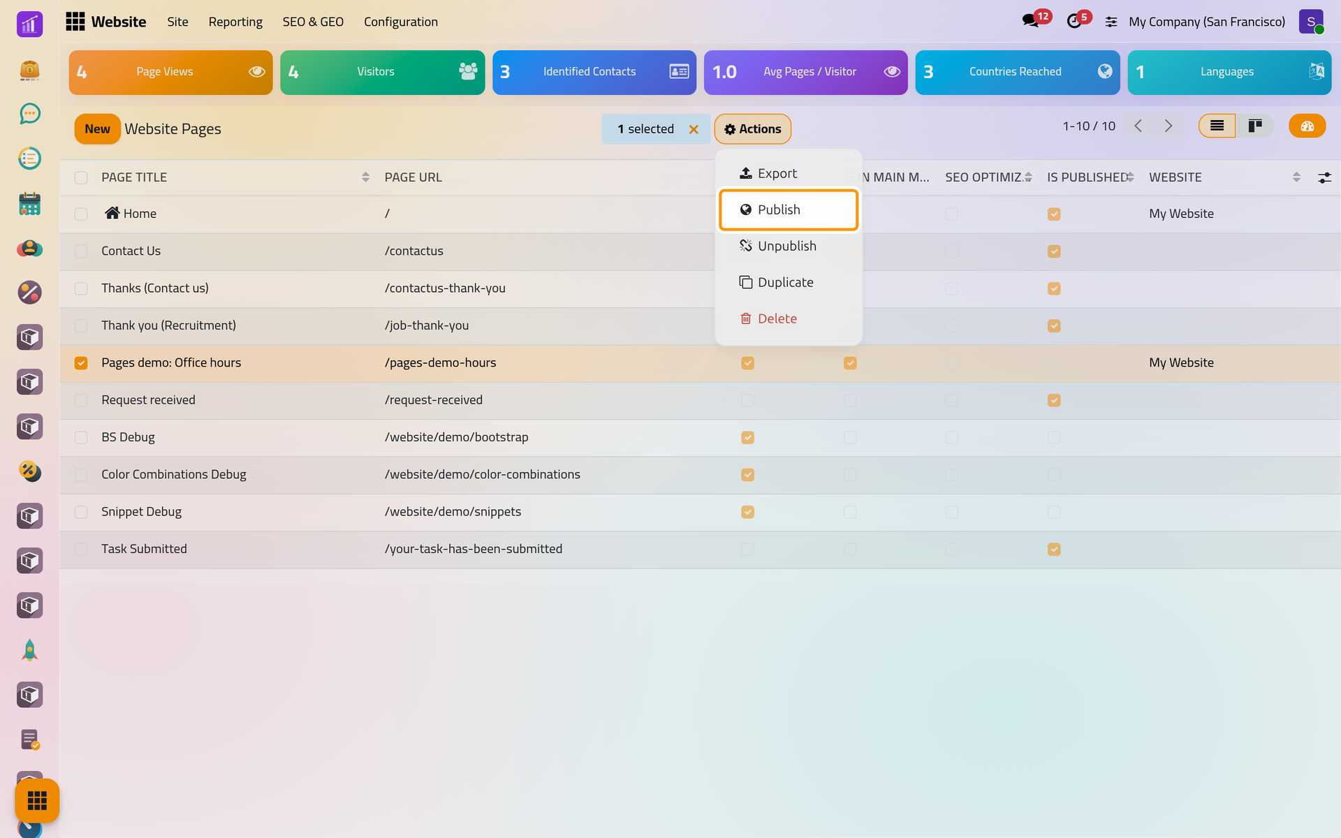With a page ticked, the Actions menu publishes, unpublishes, duplicates or deletes it.