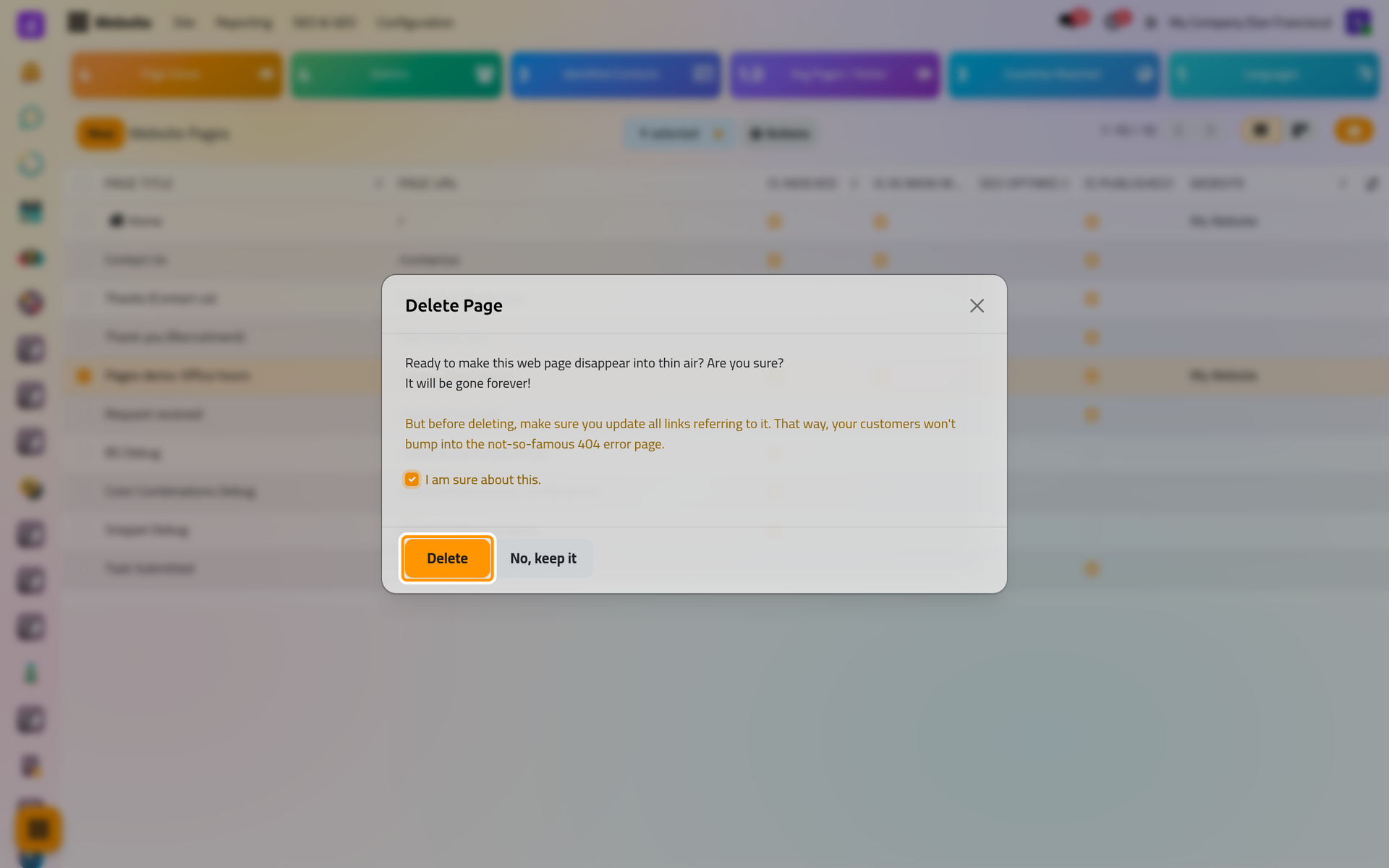 Deleting asks for a confirmation; the page and its menu entries are removed for good.