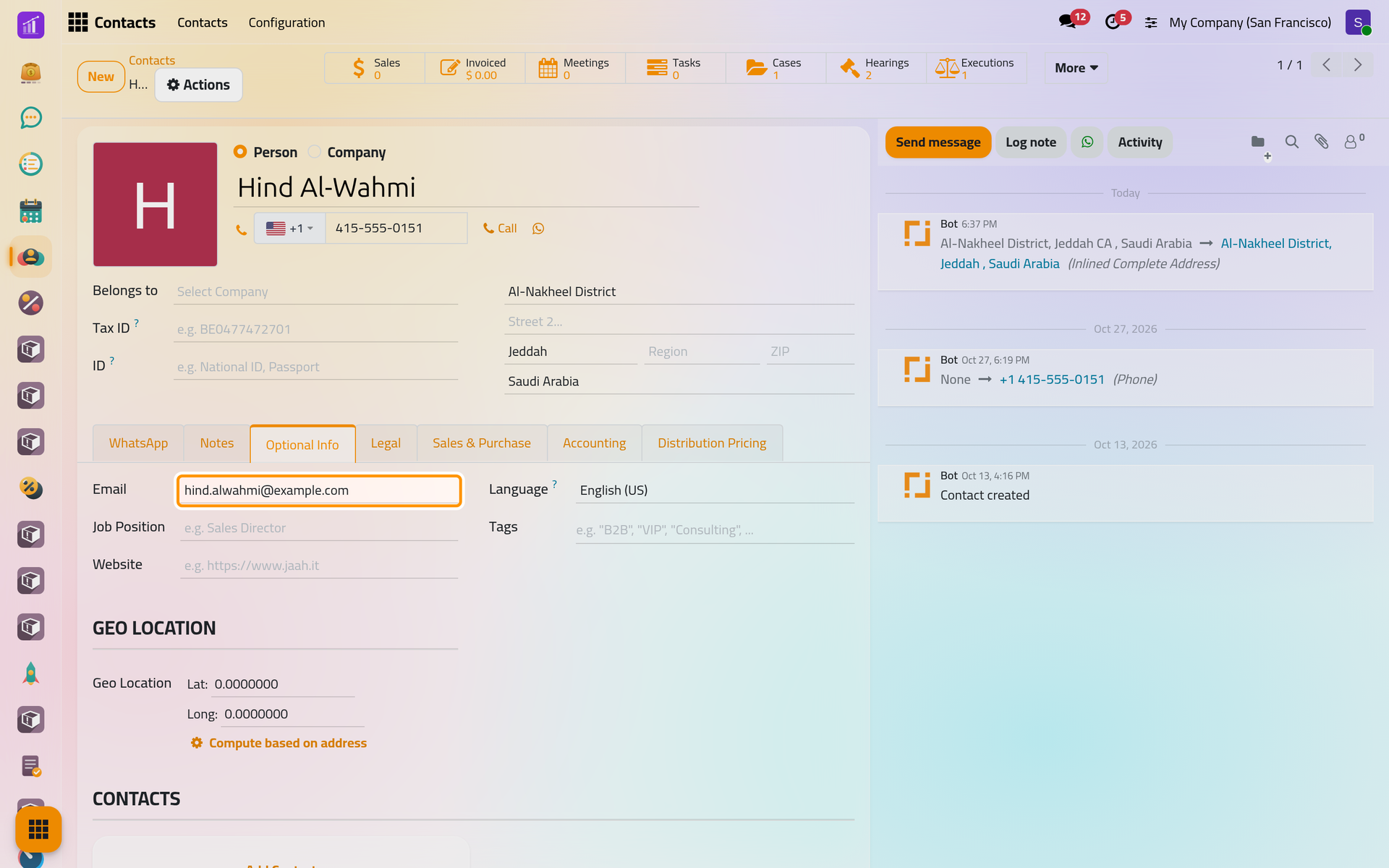 The client's e-mail, which becomes her login, and her language, in which the invitation is written.