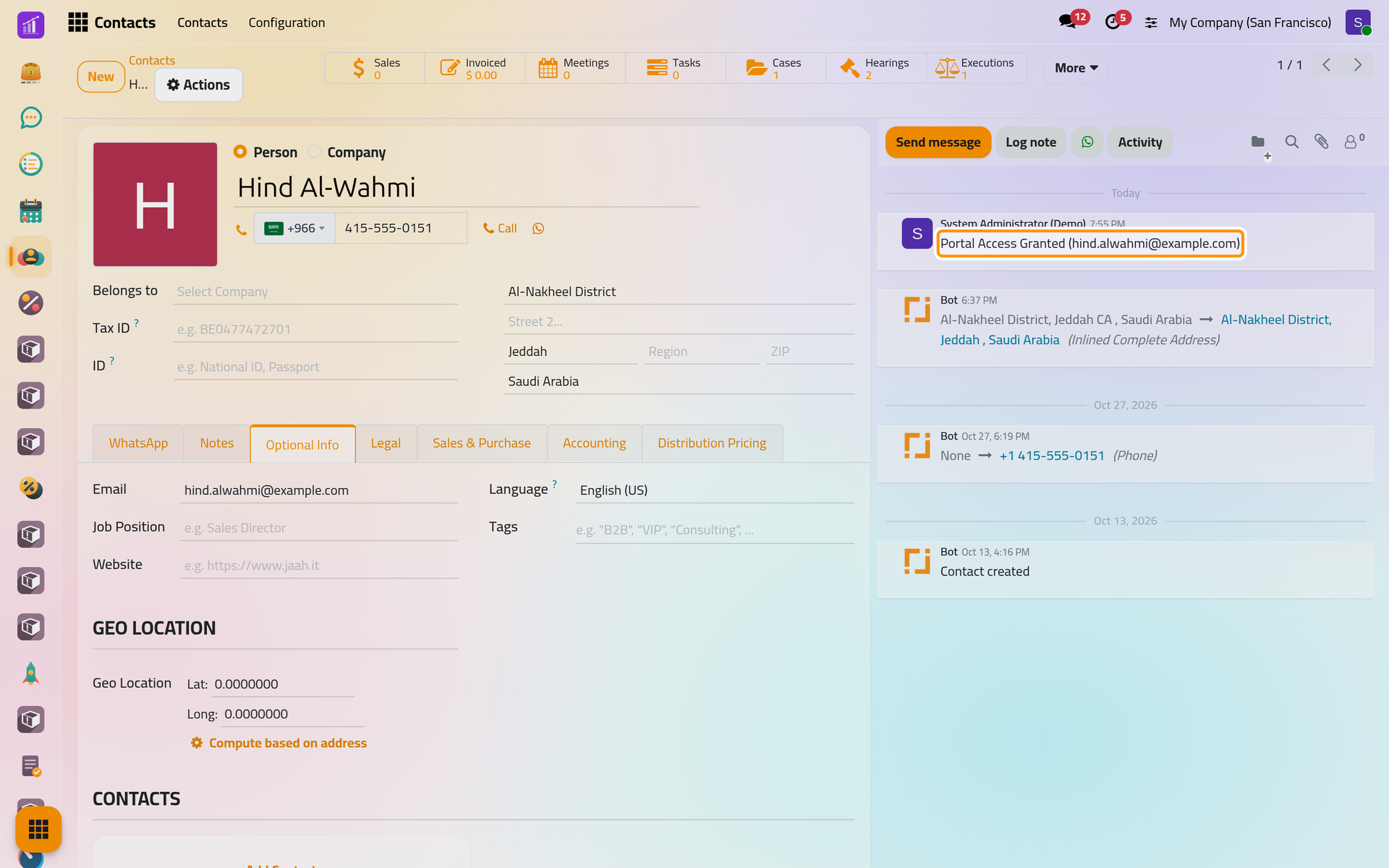 The chatter of the contact records the access with the e-mail it was granted to.