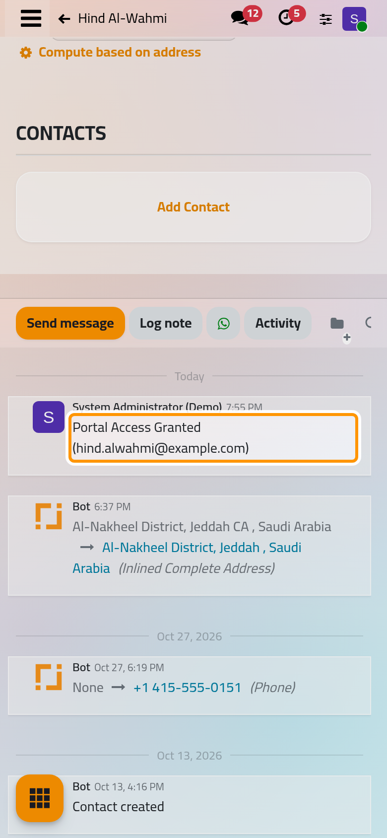 The chatter of the contact records the access with the e-mail it was granted to.