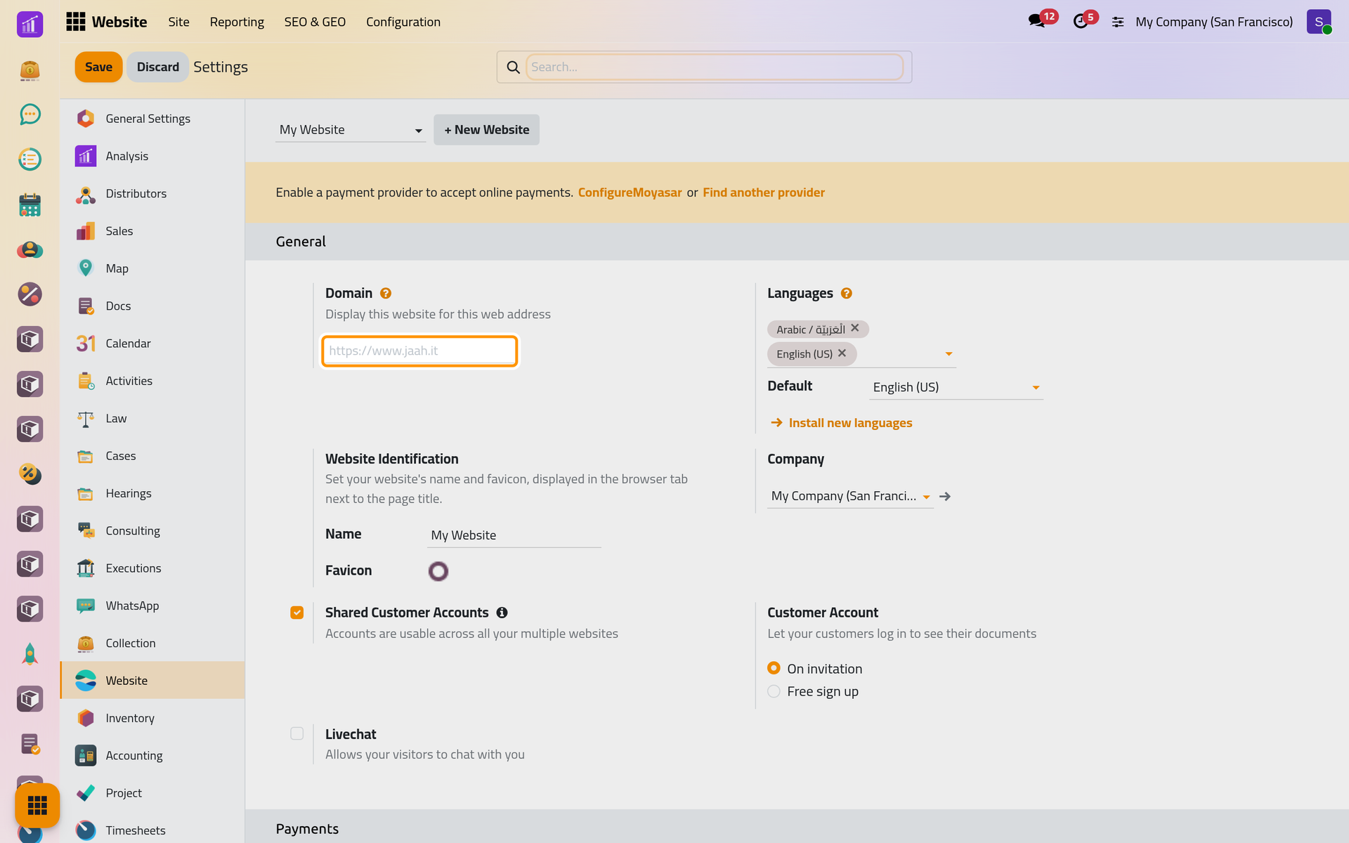 The General group of the Website settings, starting with the domain of the website chosen at the top.