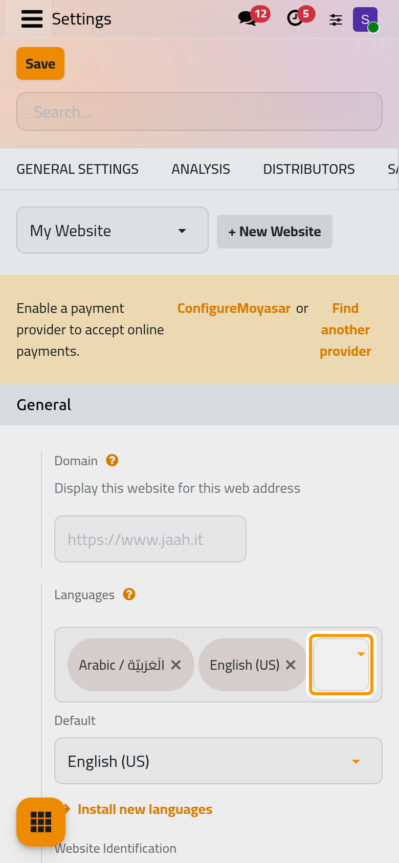The languages of the website, the default one and the link that installs another.