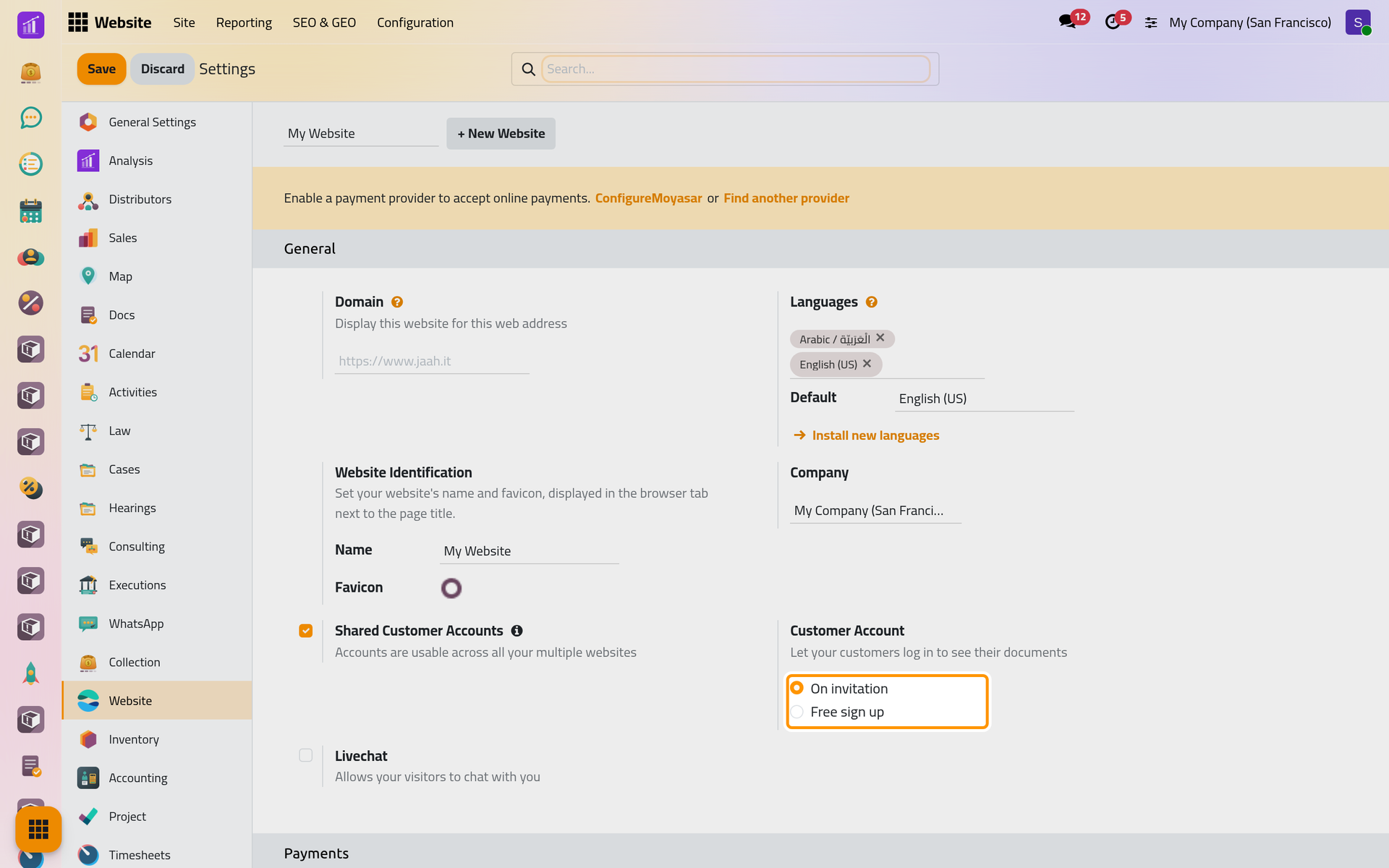 Customer Account, which decides whether visitors may open their own portal account.
