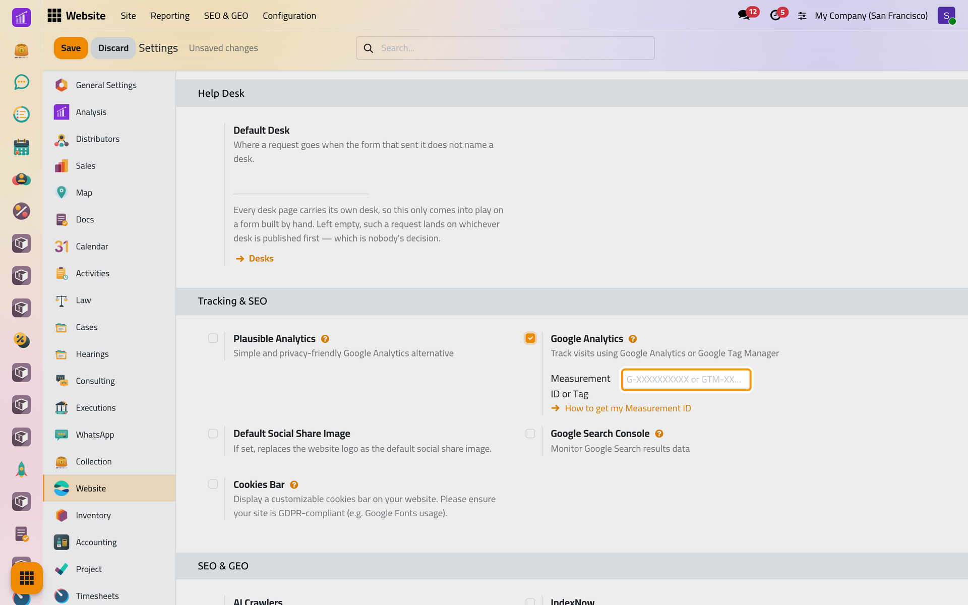 Ticking an option of Tracking & SEO opens its own field, here the measurement ID.