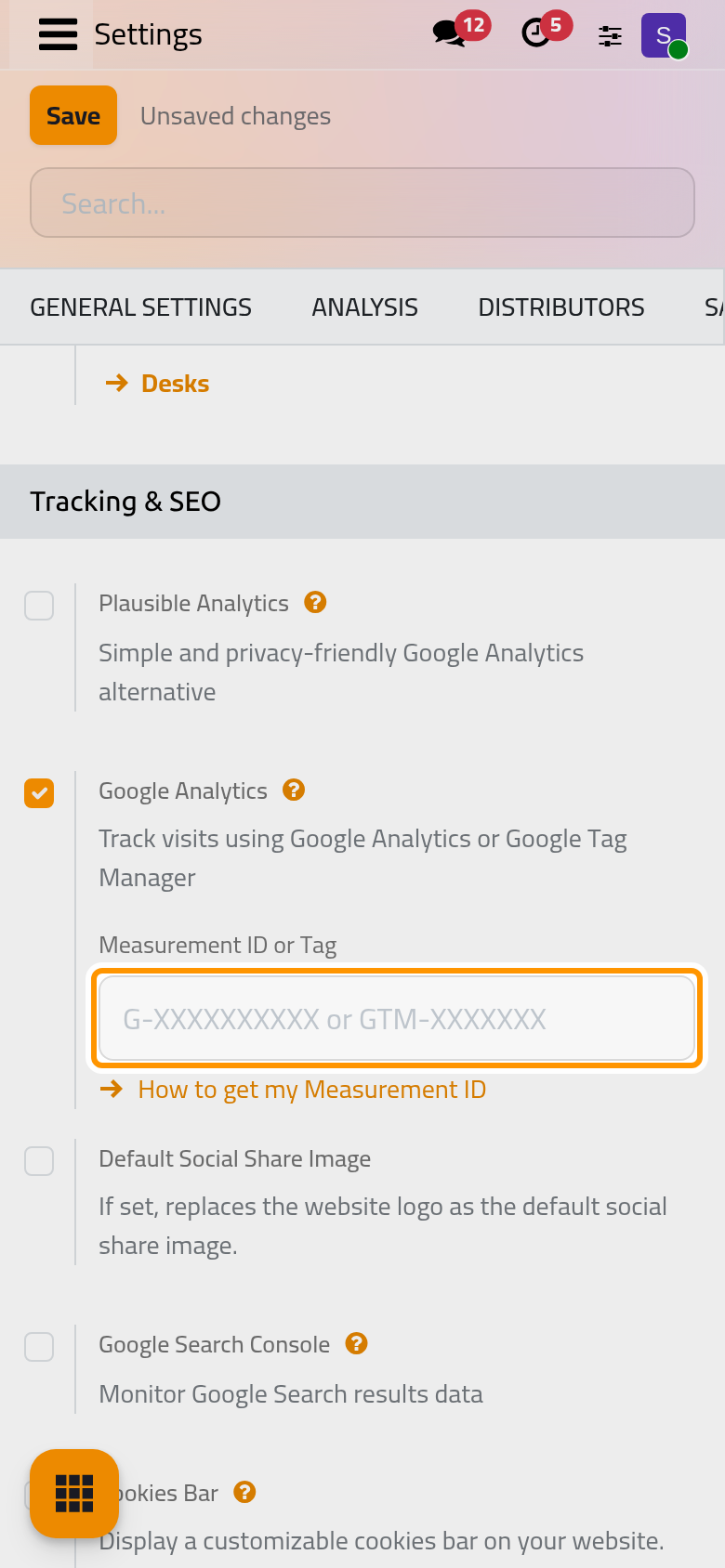 Ticking an option of Tracking & SEO opens its own field, here the measurement ID.