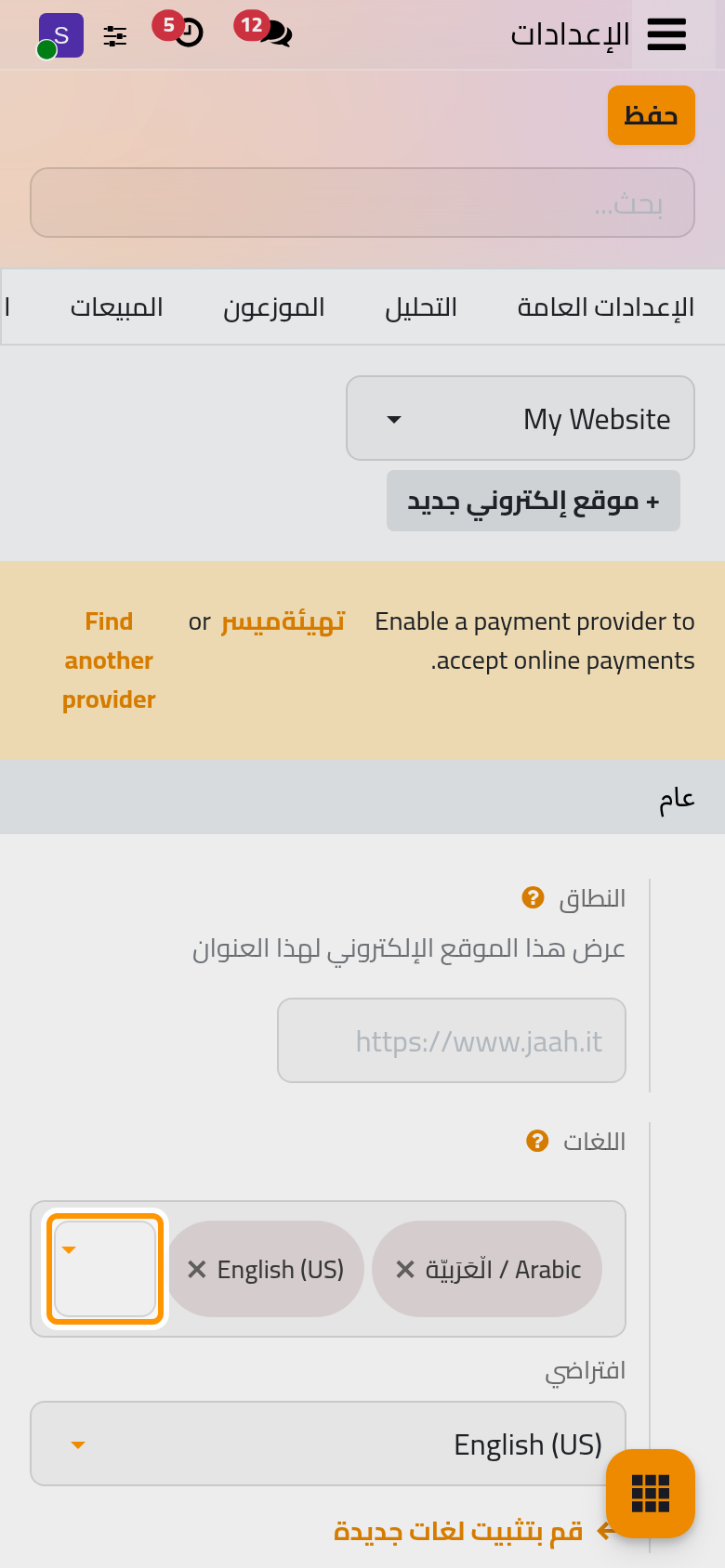 لغات الموقع واللغة الافتراضية والرابط الذي يثبت لغة أخرى.