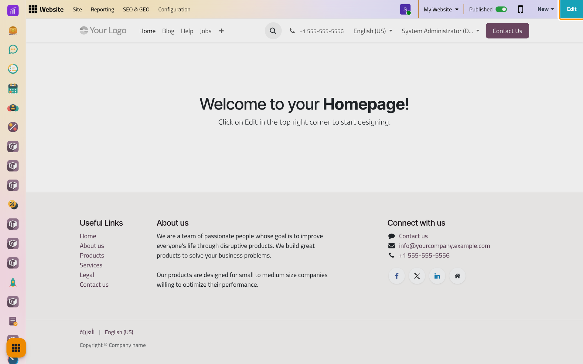 The home page of My Website in the app, with Edit at the end of the bar; on a phone the bar keeps only the menu button, the website switcher and the Published switch.