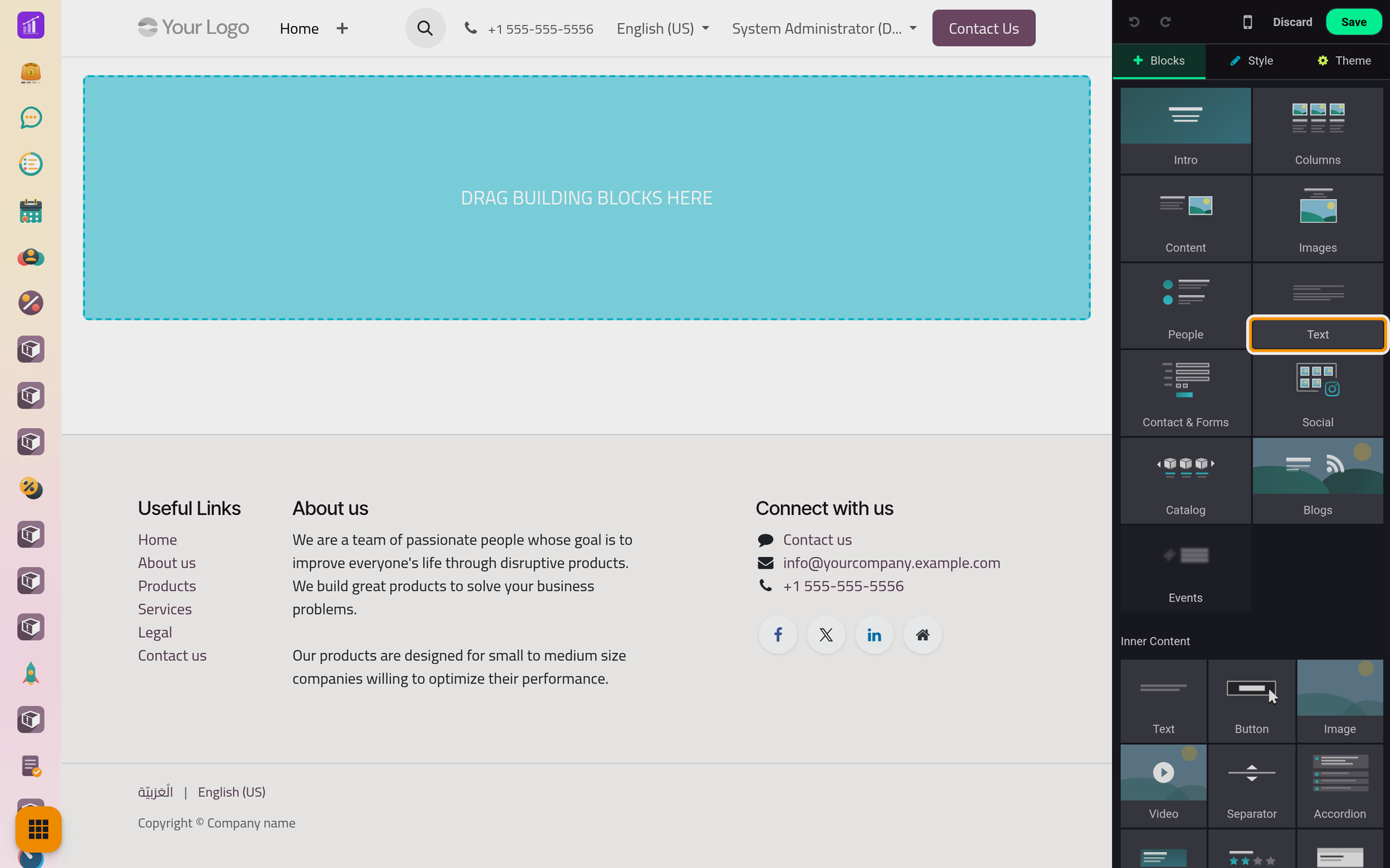 The editor open on the empty home page, with the Text group among the blocks of the right panel.