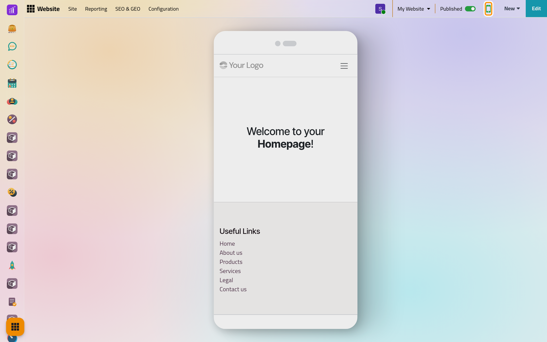 The home page drawn at the width of a phone; the same icon brings back the full width.