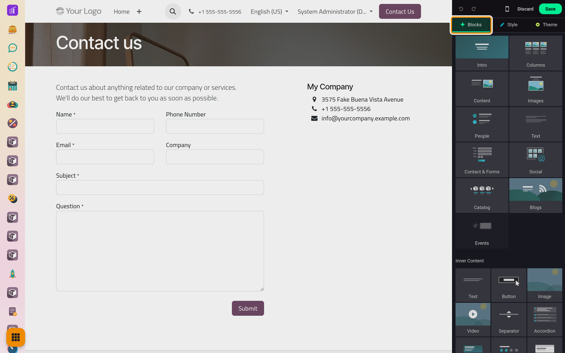 The editor's panel on the side of the page, open on its blocks.