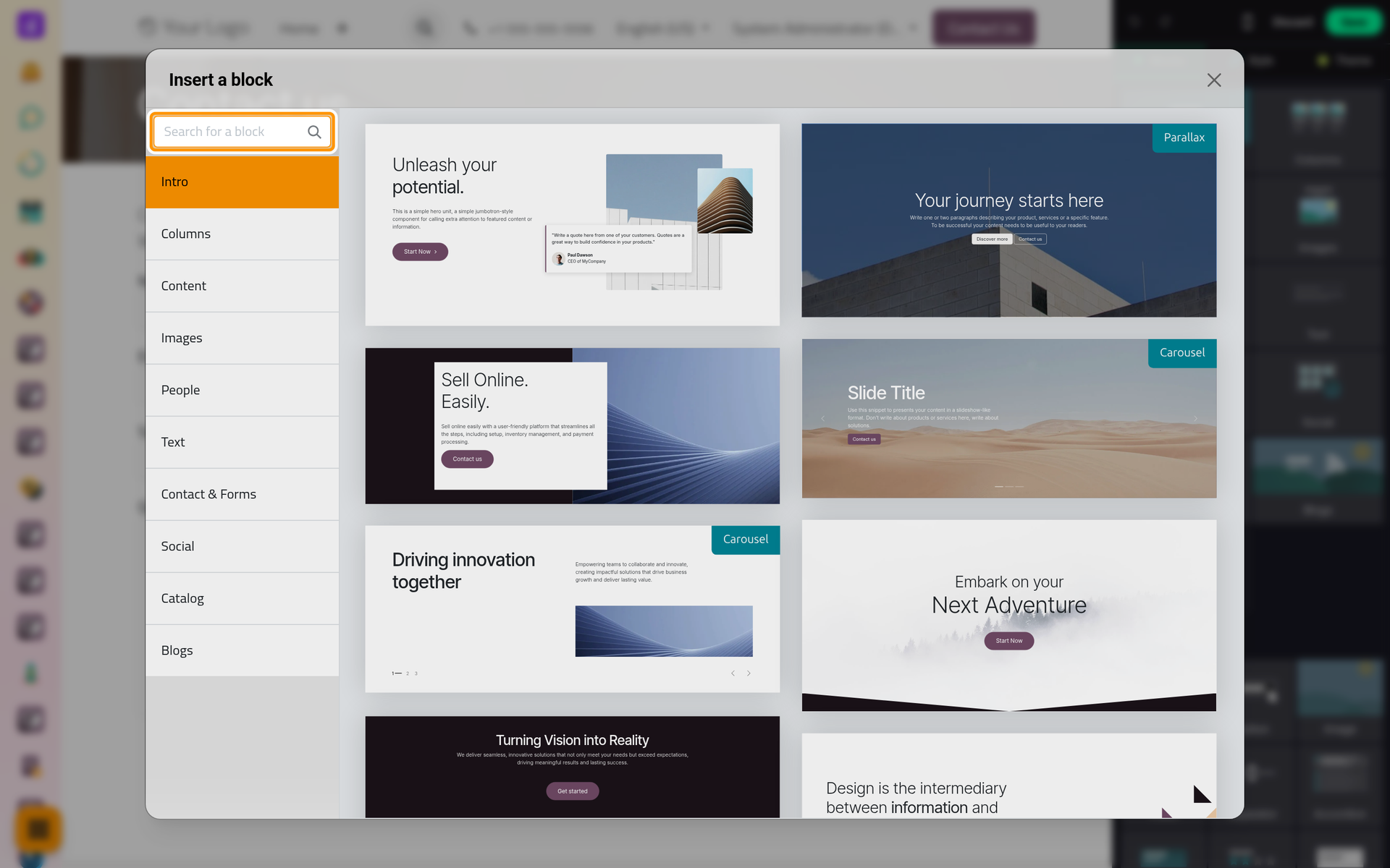 The designs of one category, with a search box for every block.