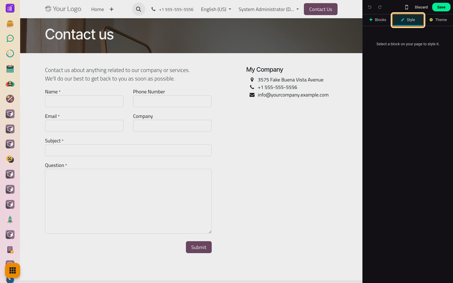 The Style tab shows the options of the block you click on the page.