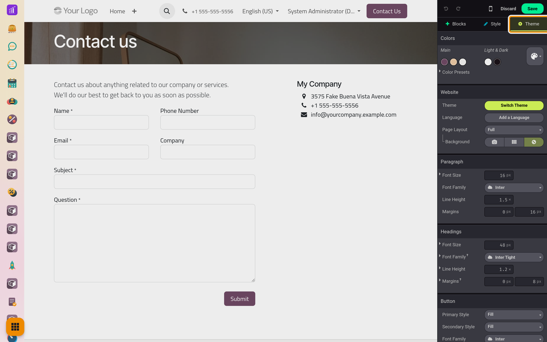 The Theme tab holds the colors and fonts of the whole website.