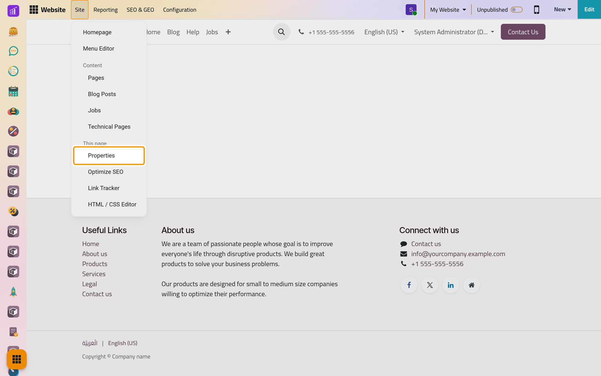 The Site menu while a page is open; This page groups what belongs to the page on screen.