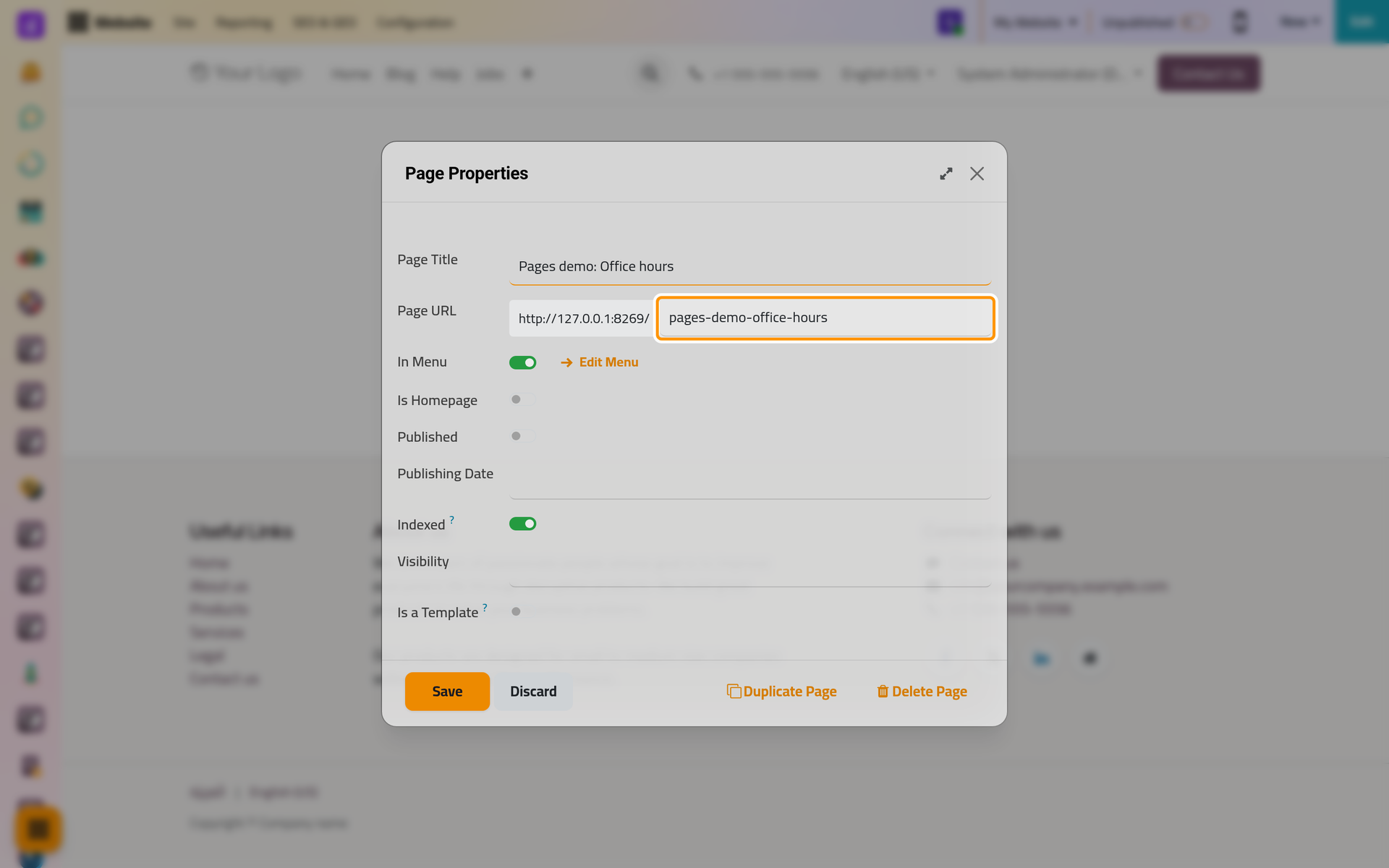The properties of the page, from its title and address to who may see it.