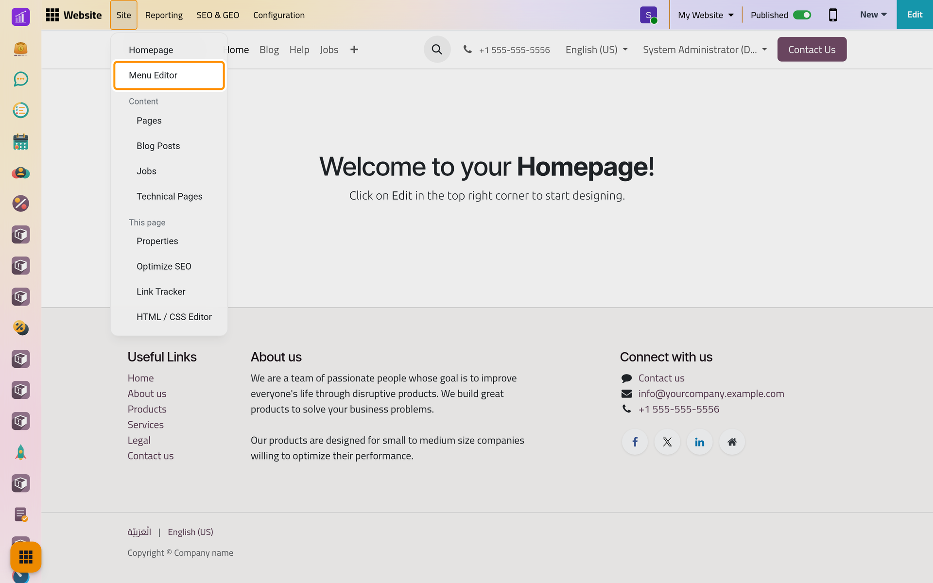 The Menu Editor sits in the Site menu while the website is open.