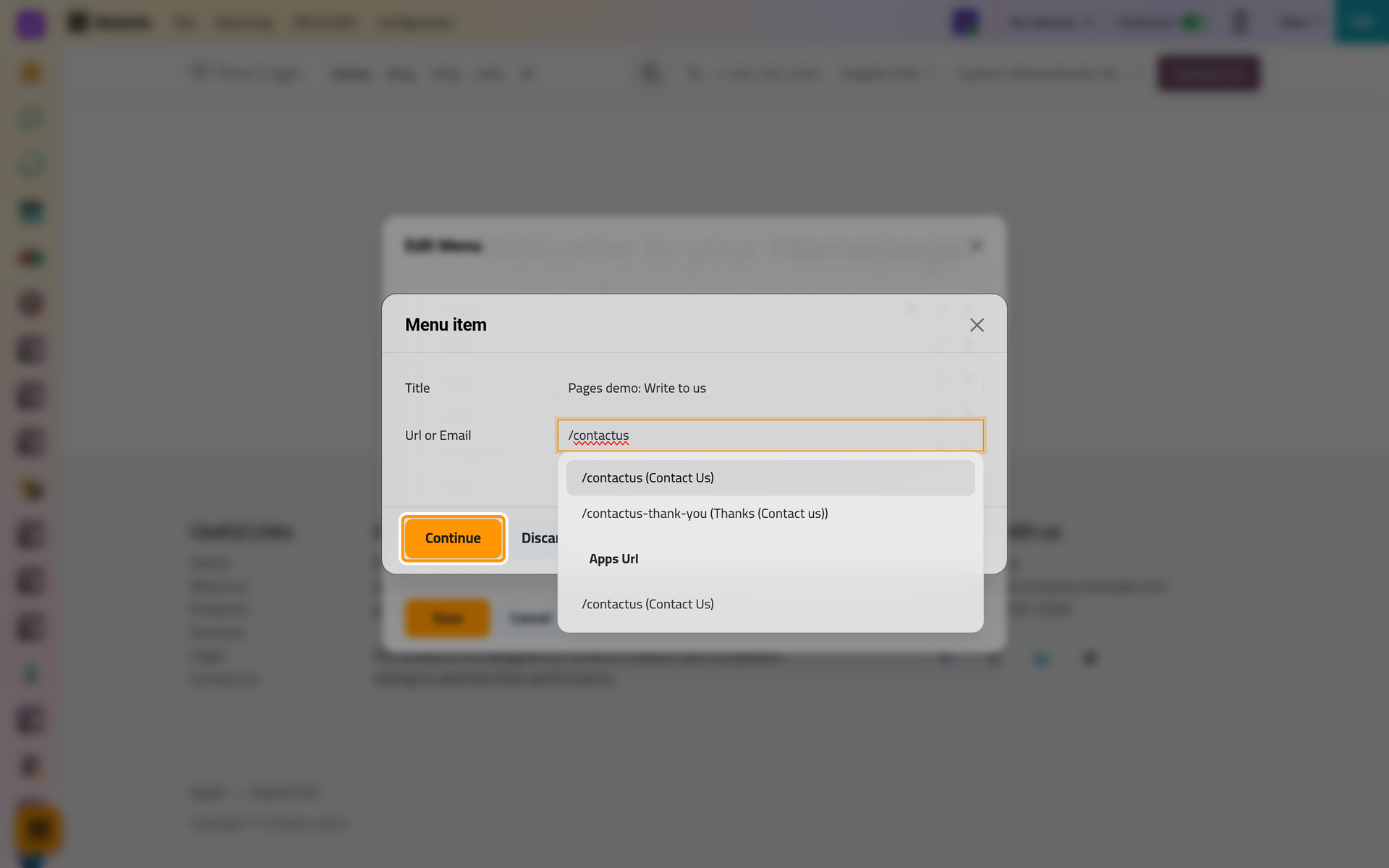 A menu item has a title and the address it opens; here the contact page.