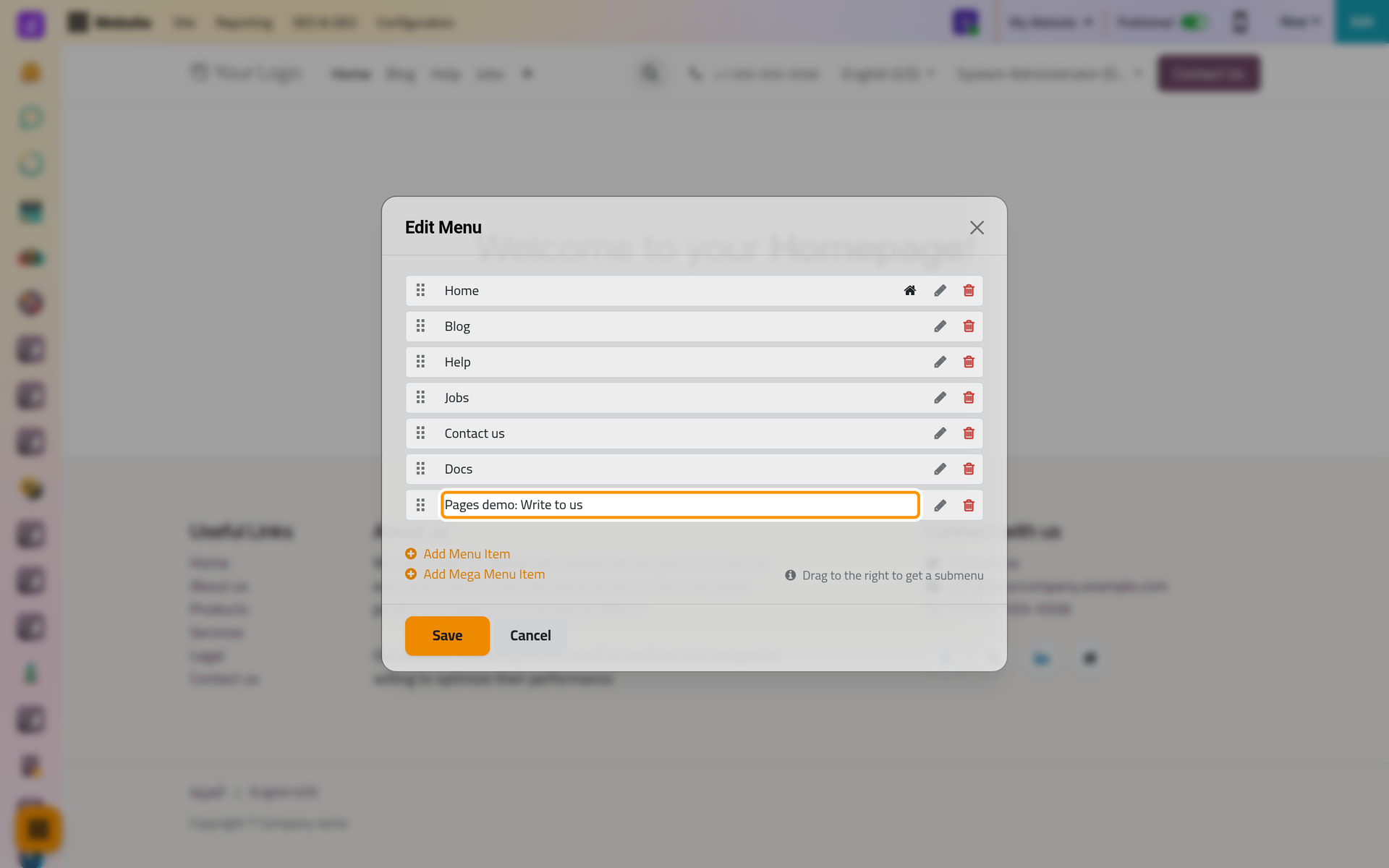 The new item at the end of the list; drag its handle to move it, or to the right to put it under another item.