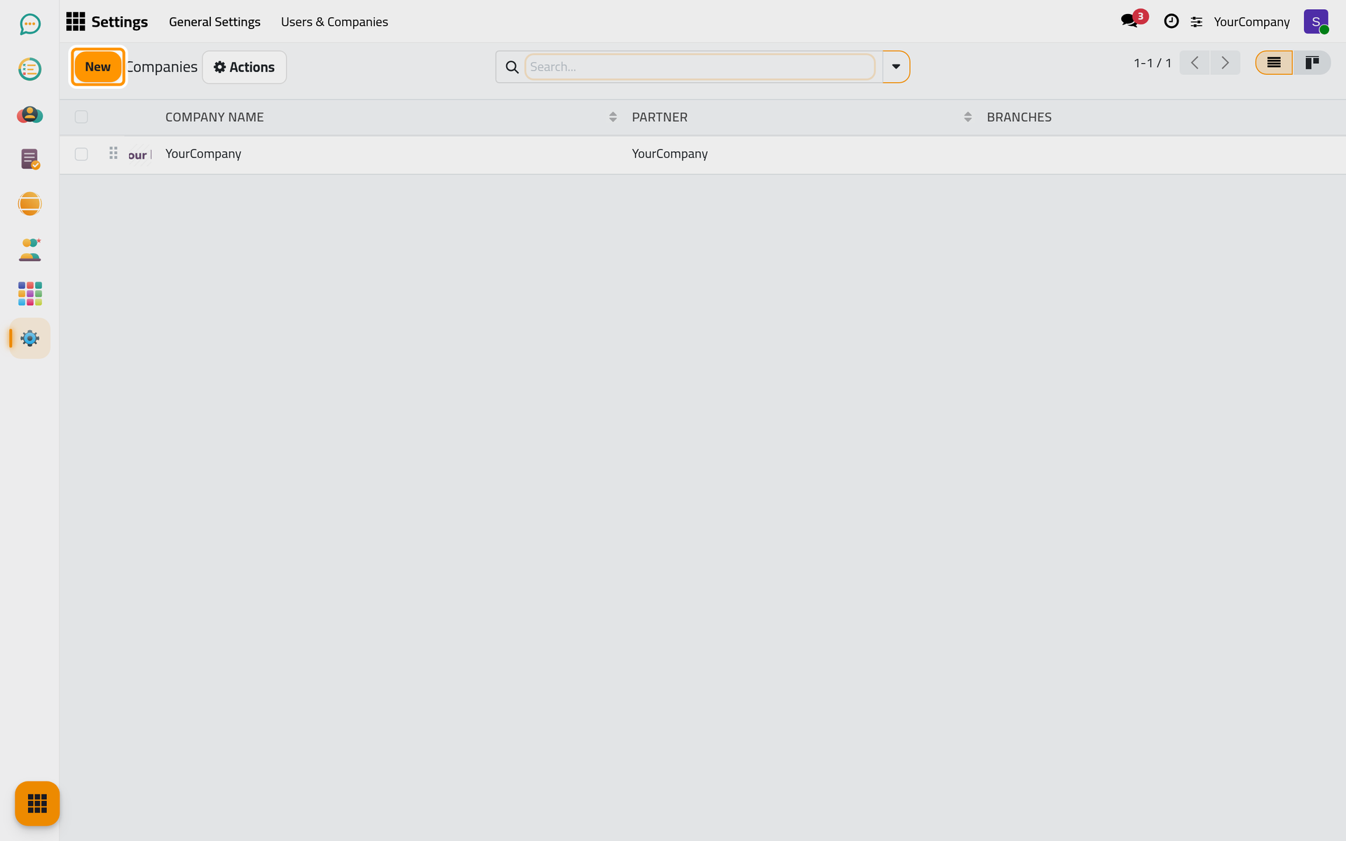 The Companies list shows the main companies with their contact and branches; New adds a company.