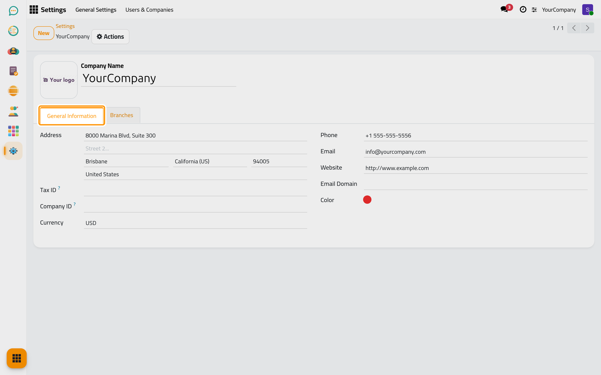 The company form on the General Information tab; address, Tax ID, Company ID, Currency and contact details.