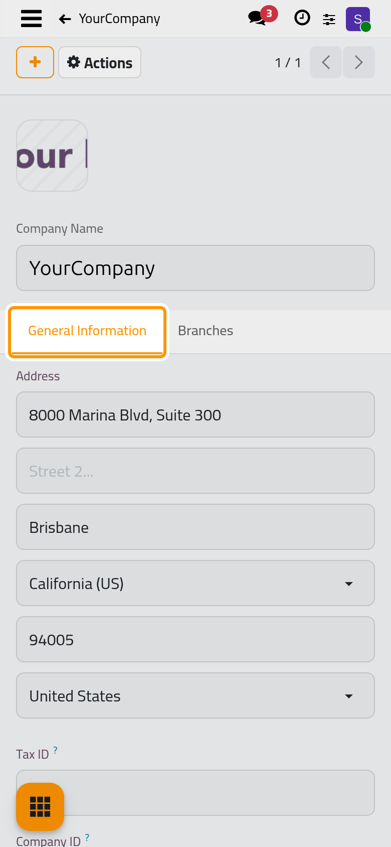 The company form on the General Information tab; address, Tax ID, Company ID, Currency and contact details.