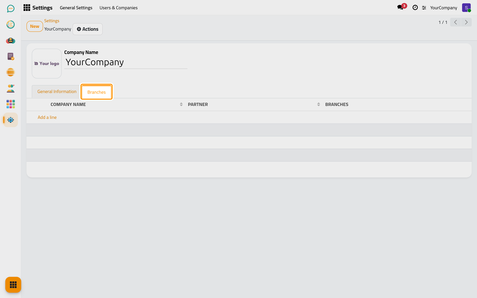 The Branches tab lists the companies attached to this one; Add a line creates a branch with the parent already set.