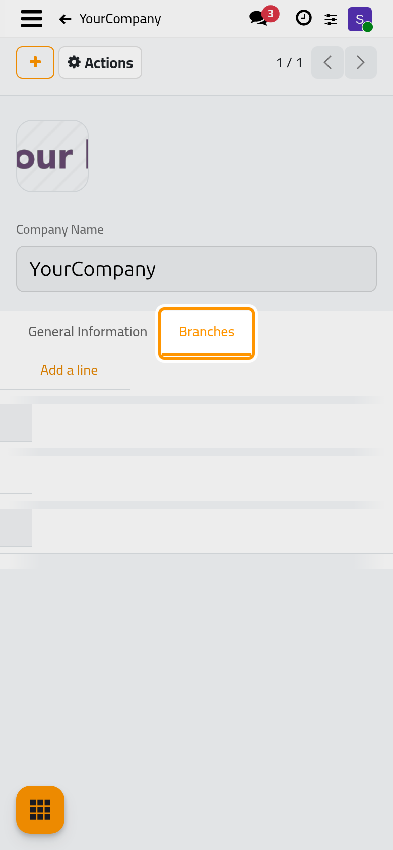 The Branches tab lists the companies attached to this one; Add a line creates a branch with the parent already set.